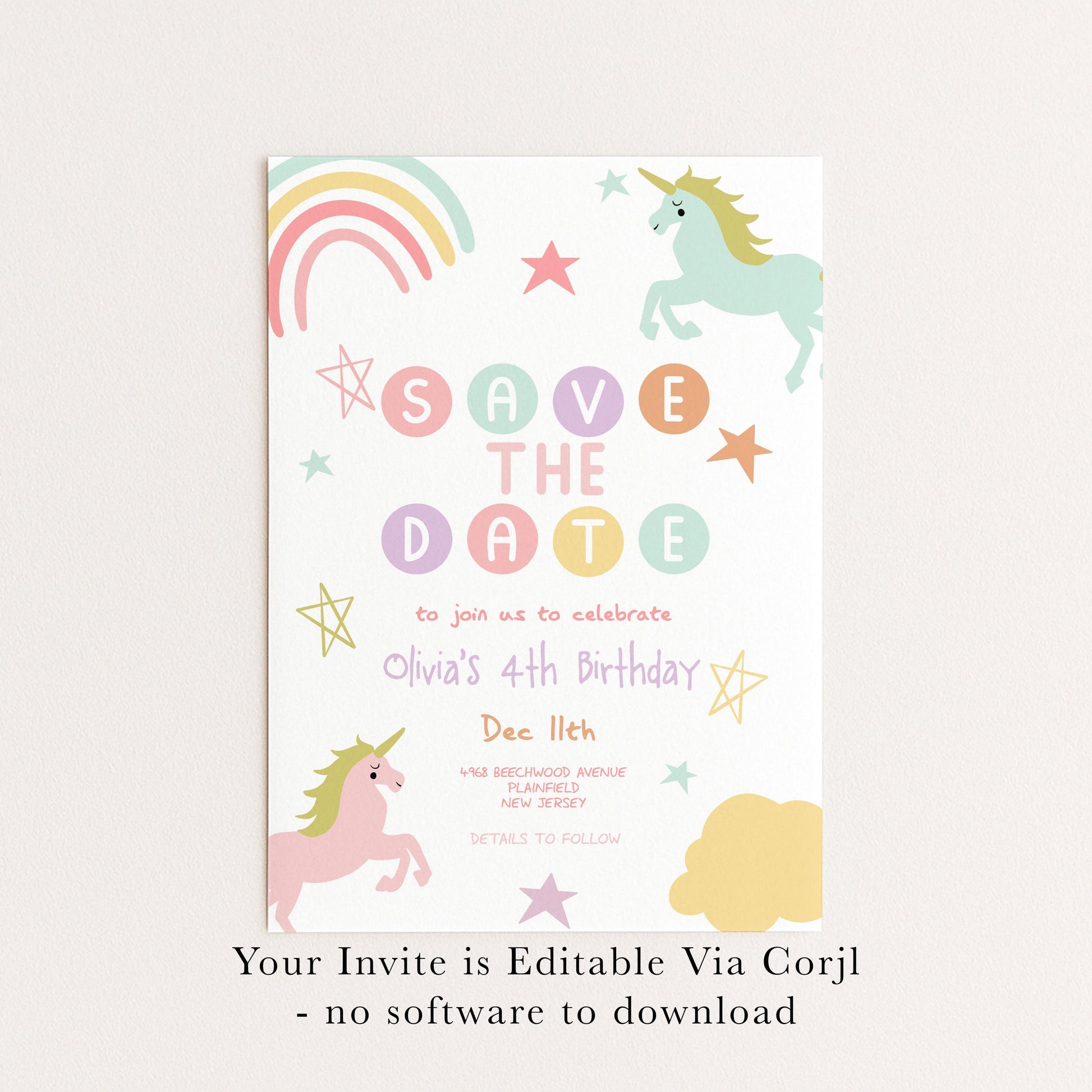 Unicorn Birthday Save the Date Invitation Template Pastel Rainbow Printable Template 4th Birthday Magical Editable Digital Download