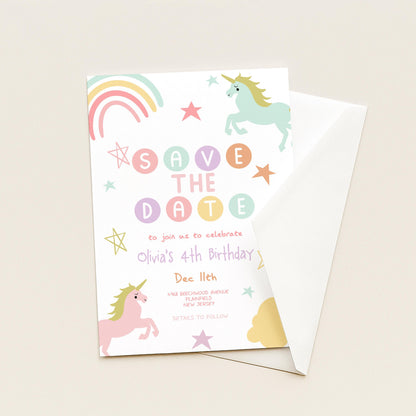 Unicorn Birthday Save the Date Invitation Template Pastel Rainbow Printable Template 4th Birthday Magical Editable Digital Download