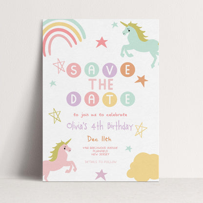 Unicorn Birthday Save the Date Invitation Template Pastel Rainbow Printable Template 4th Birthday Magical Editable Digital Download