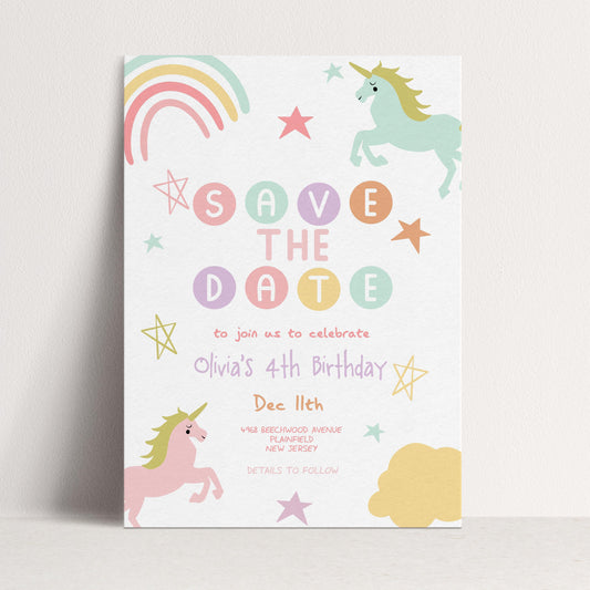 Unicorn Birthday Save the Date Invitation Template Pastel Rainbow Printable Template 4th Birthday Magical Editable Digital Download