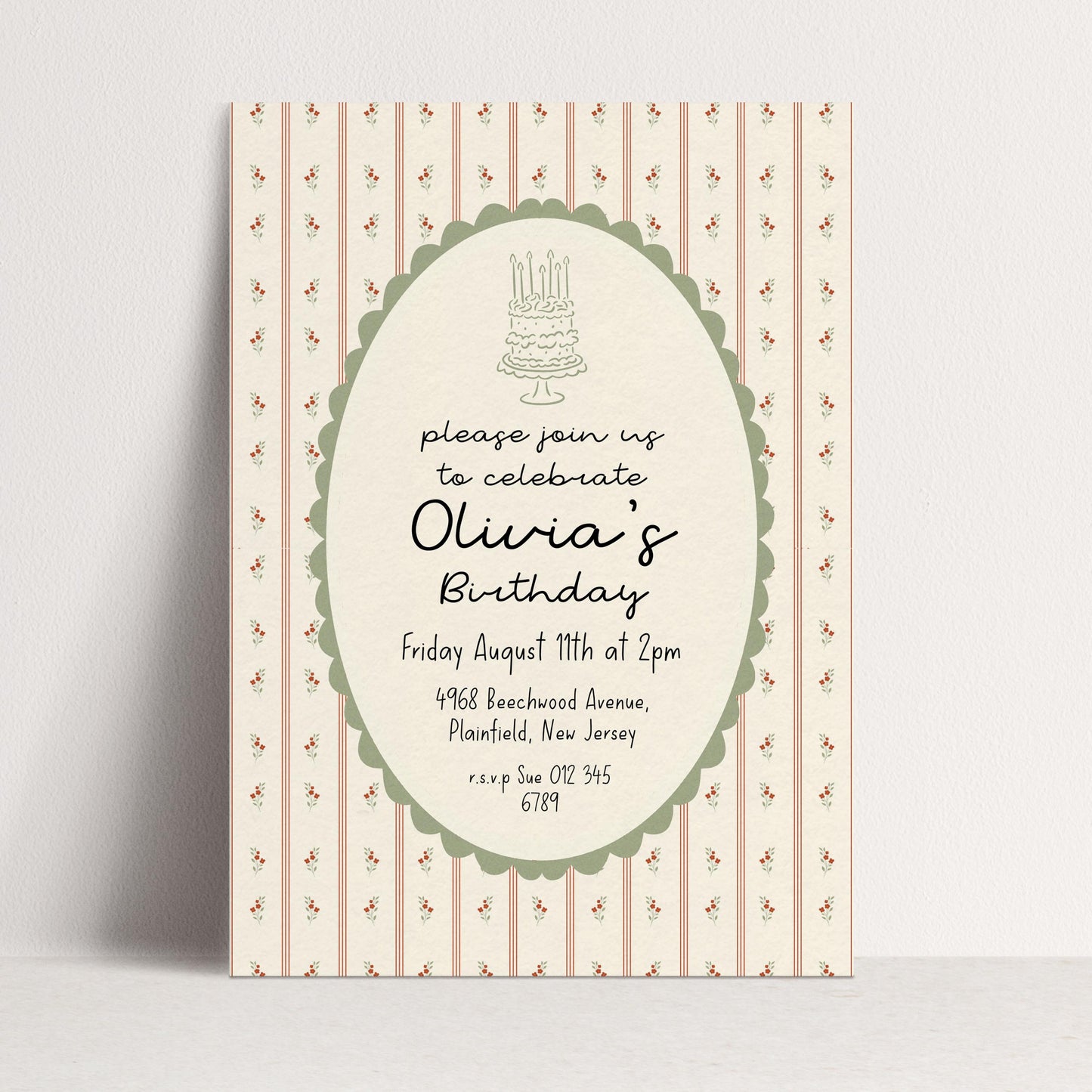 Vintage Floral Birthday Invitation, Elegant Stripe Birthday Party Invite, Cottagecore Birthday Invitation, Editable Printable Template