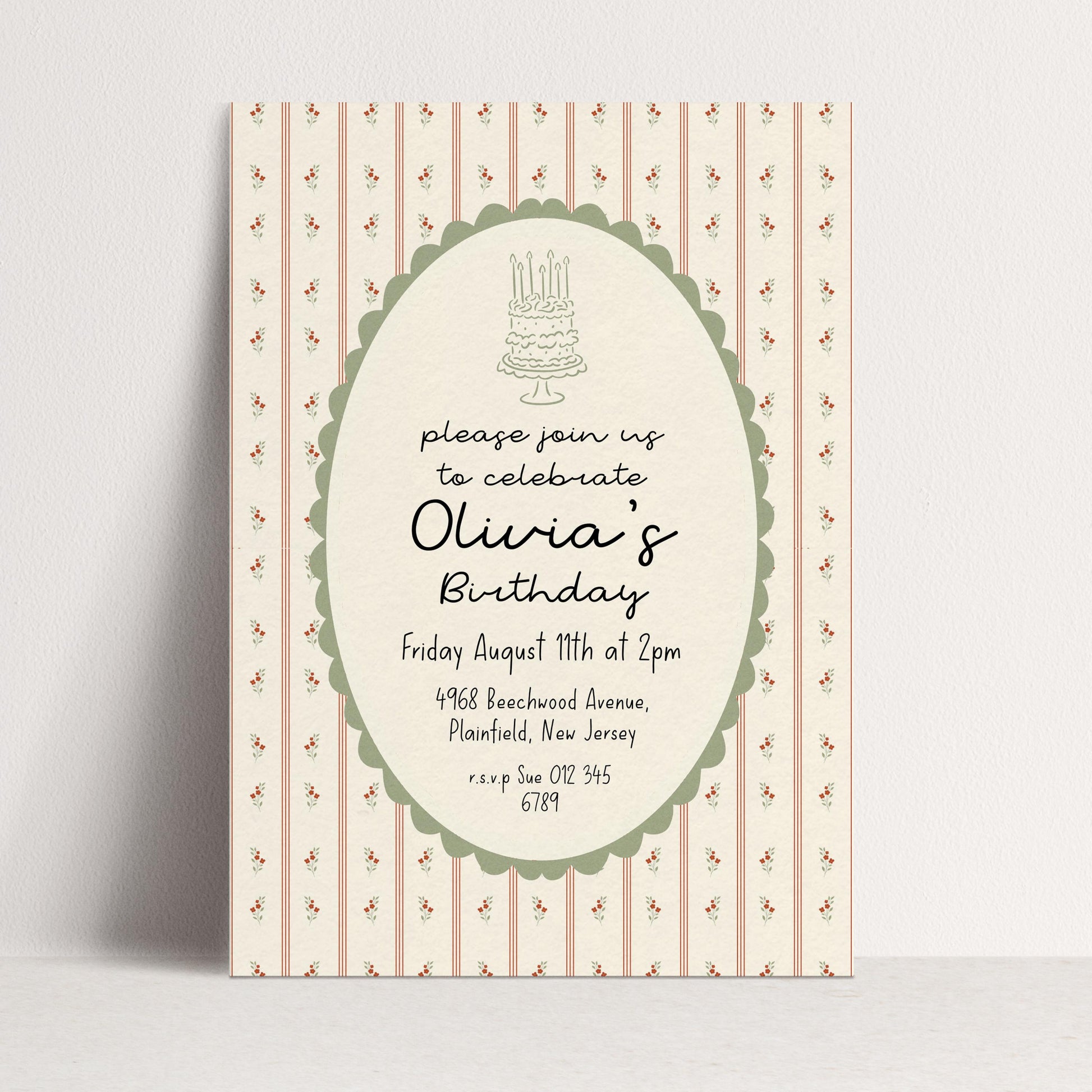 Vintage Floral Birthday Invitation, Elegant Stripe Birthday Party Invite, Cottagecore Birthday Invitation, Editable Printable Template