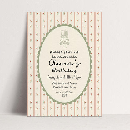 Vintage Floral Birthday Invitation, Elegant Stripe Birthday Party Invite, Cottagecore Birthday Invitation, Editable Printable Template