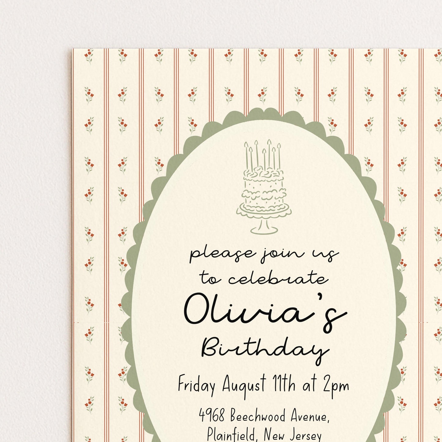 Vintage Floral Birthday Invitation, Elegant Stripe Birthday Party Invite, Cottagecore Birthday Invitation, Editable Printable Template
