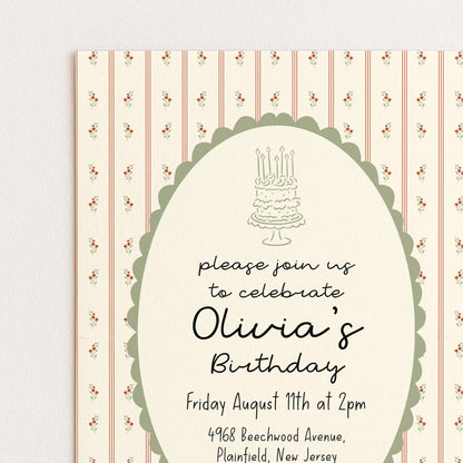 Vintage Floral Birthday Invitation, Elegant Stripe Birthday Party Invite, Cottagecore Birthday Invitation, Editable Printable Template