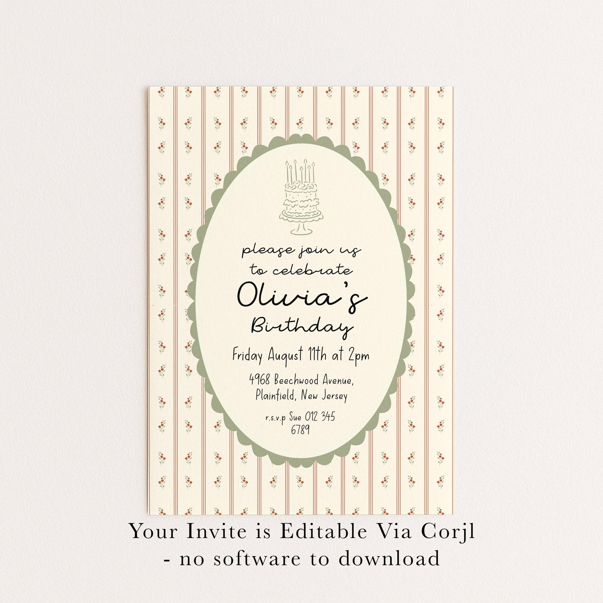 Vintage Floral Birthday Invitation, Elegant Stripe Birthday Party Invite, Cottagecore Birthday Invitation, Editable Printable Template