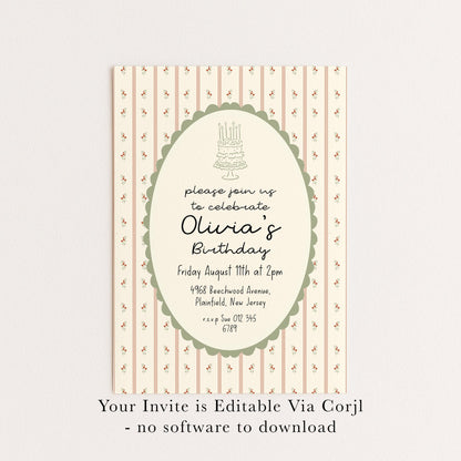 Vintage Floral Birthday Invitation, Elegant Stripe Birthday Party Invite, Cottagecore Birthday Invitation, Editable Printable Template