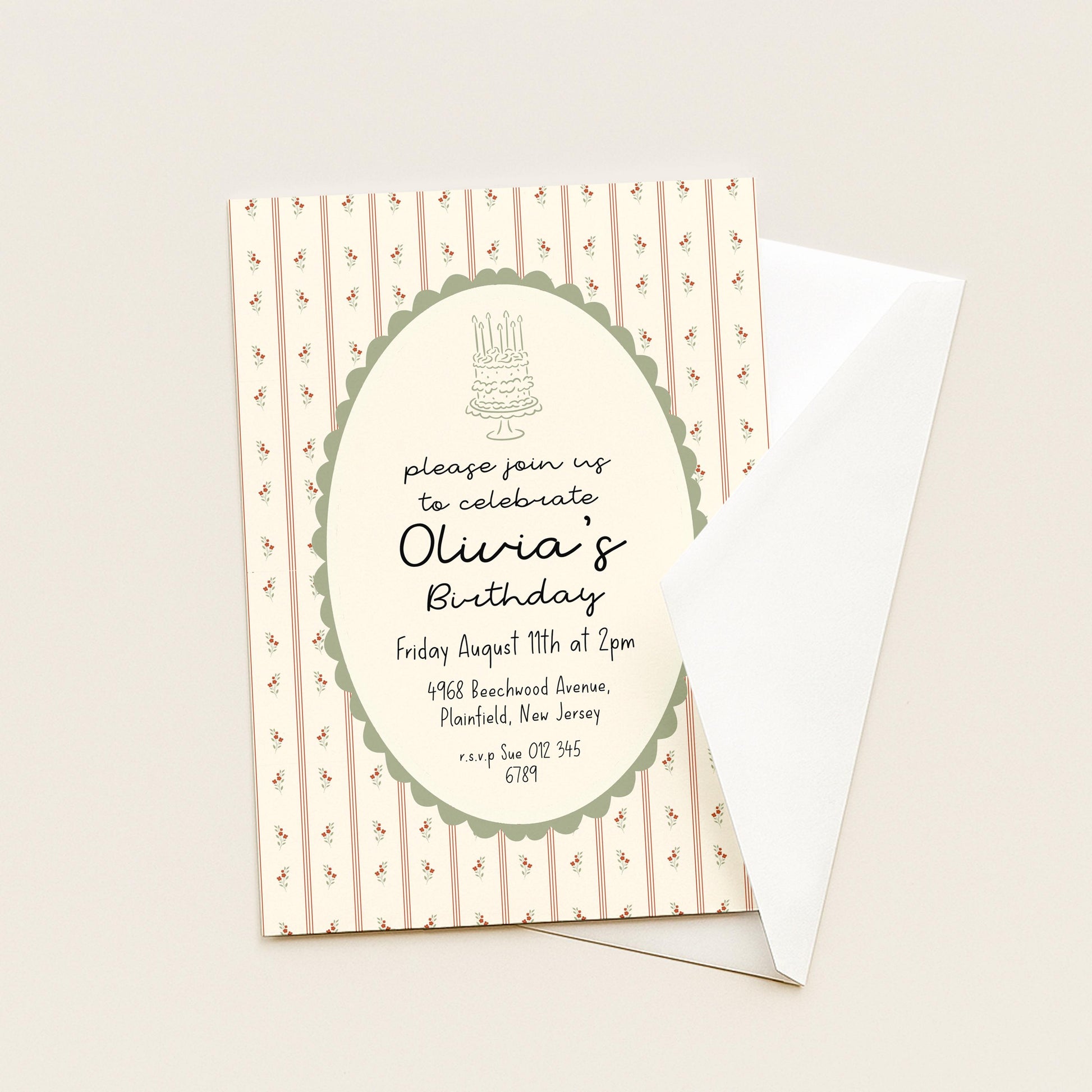 Vintage Floral Birthday Invitation, Elegant Stripe Birthday Party Invite, Cottagecore Birthday Invitation, Editable Printable Template