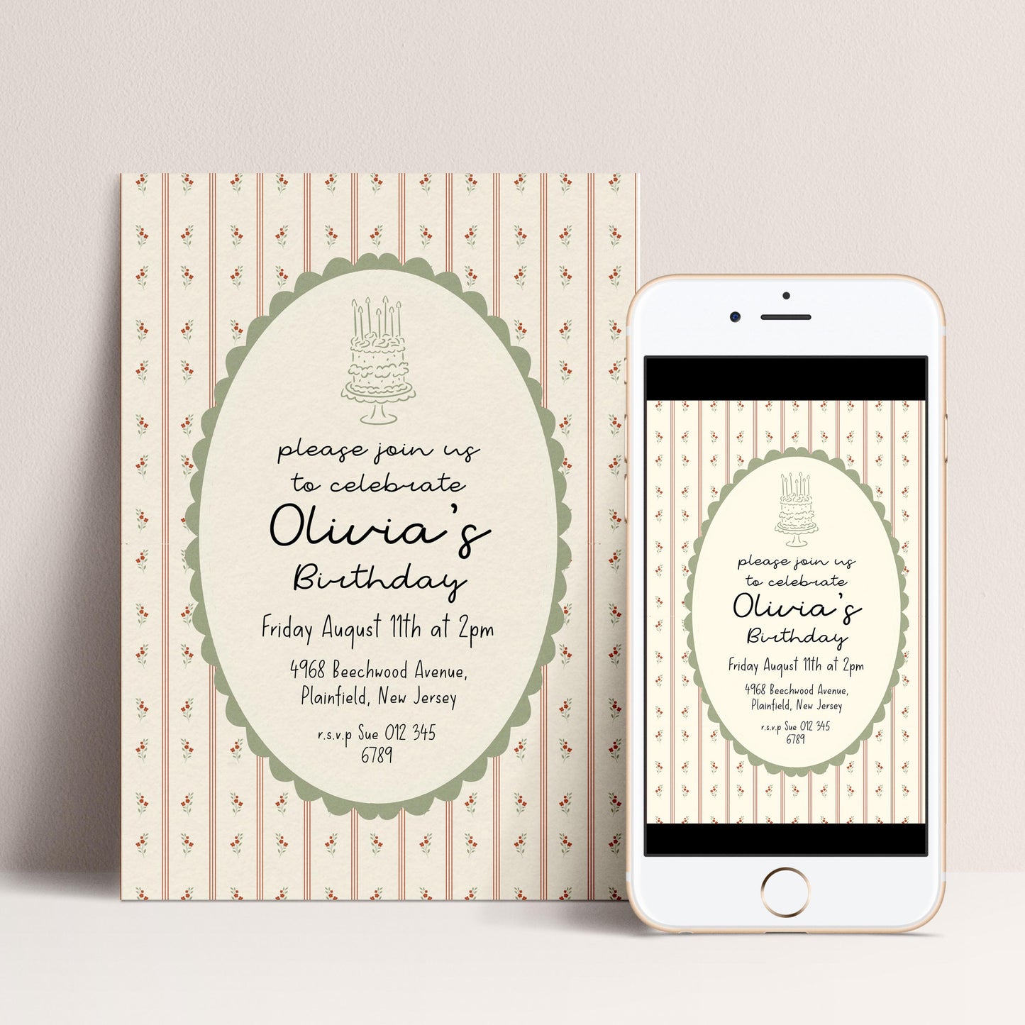 Vintage Floral Birthday Invitation, Elegant Stripe Birthday Party Invite, Cottagecore Birthday Invitation, Editable Printable Template