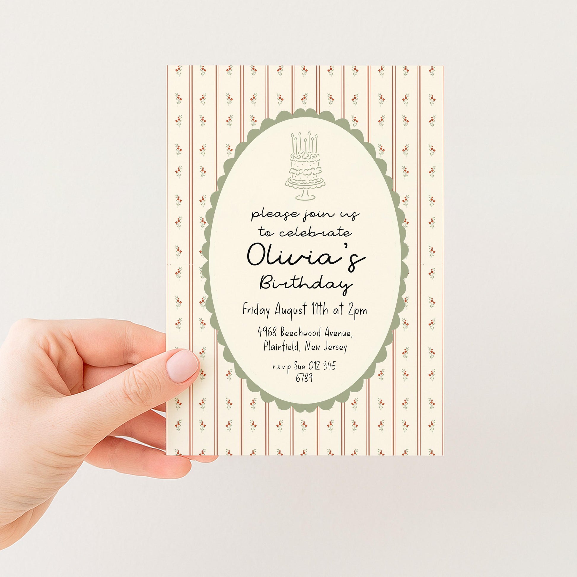Vintage Floral Birthday Invitation, Elegant Stripe Birthday Party Invite, Cottagecore Birthday Invitation, Editable Printable Template