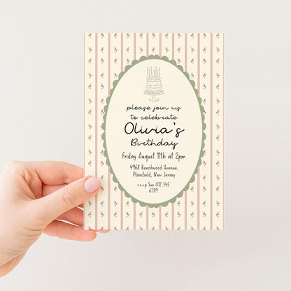 Vintage Floral Birthday Invitation, Elegant Stripe Birthday Party Invite, Cottagecore Birthday Invitation, Editable Printable Template