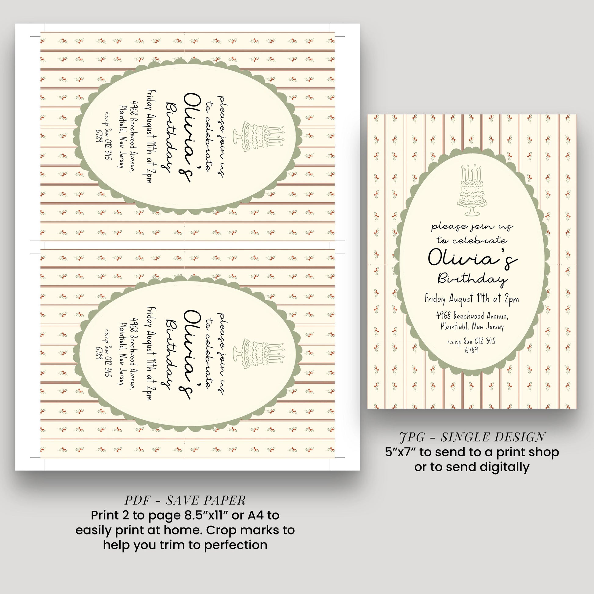 Vintage Floral Birthday Invitation, Elegant Stripe Birthday Party Invite, Cottagecore Birthday Invitation, Editable Printable Template