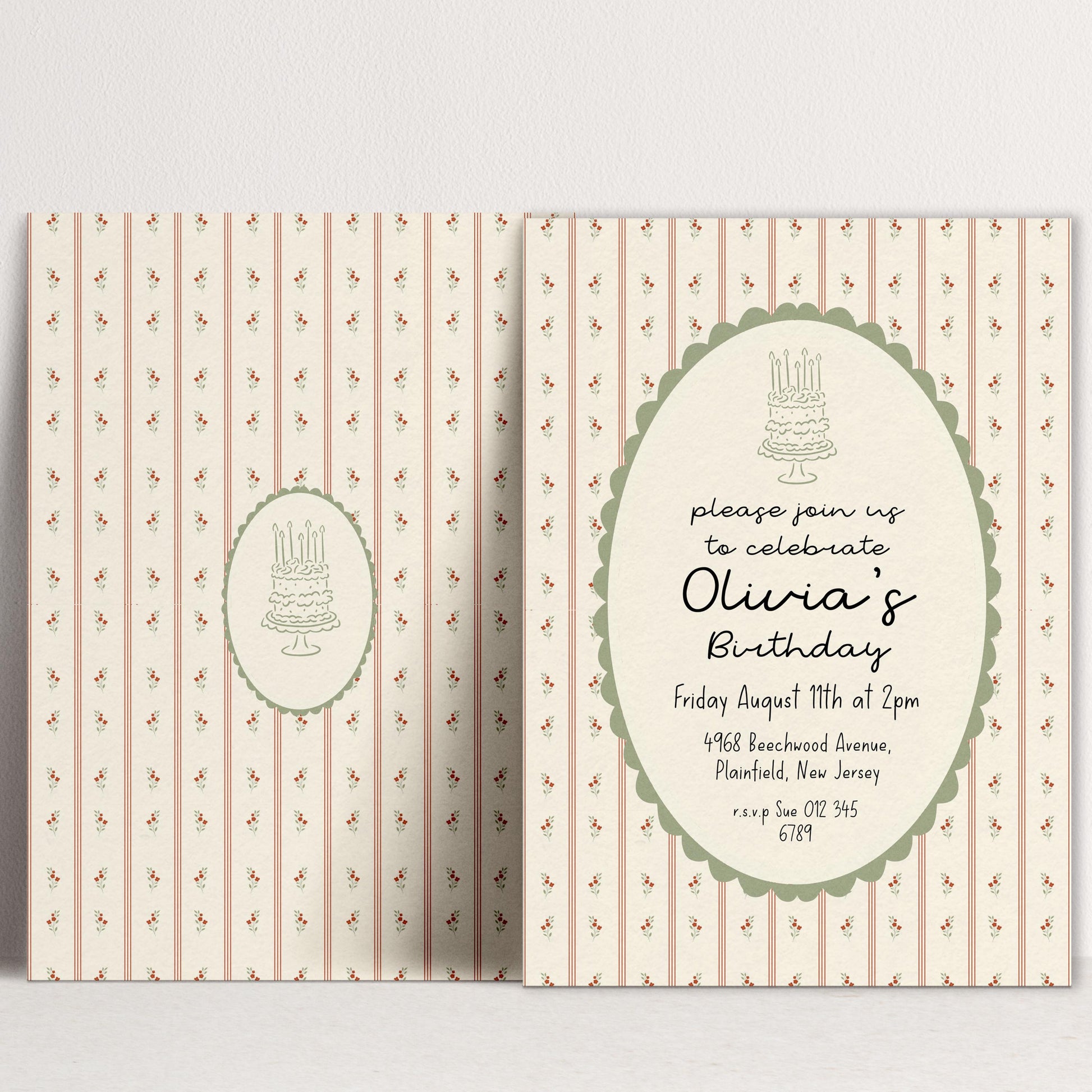 Vintage Floral Birthday Invitation, Elegant Stripe Birthday Party Invite, Cottagecore Birthday Invitation, Editable Printable Template