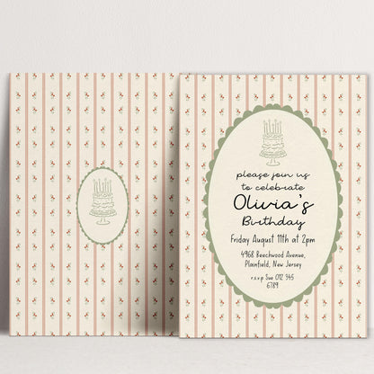 Vintage Floral Birthday Invitation, Elegant Stripe Birthday Party Invite, Cottagecore Birthday Invitation, Editable Printable Template