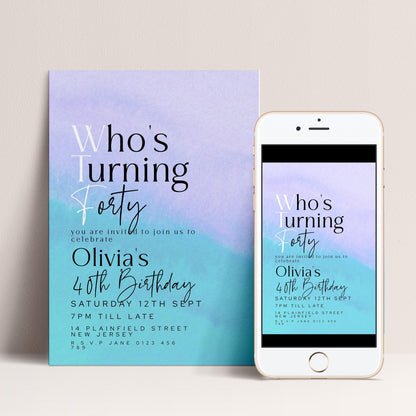 WTF 40th Birthday Invitation Template, “Who’s Turning Forty” Funny Printable Template Purple Blue Editable Digital Download