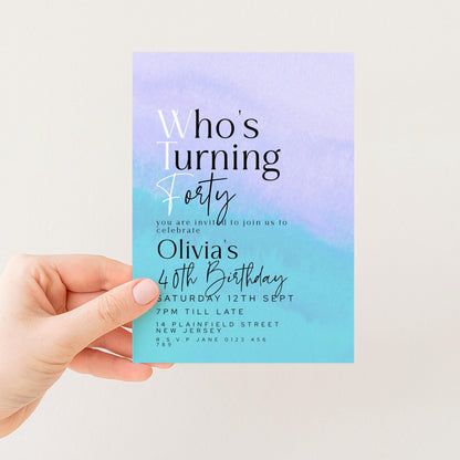 WTF 40th Birthday Invitation Template, “Who’s Turning Forty” Funny Printable Template Purple Blue Editable Digital Download