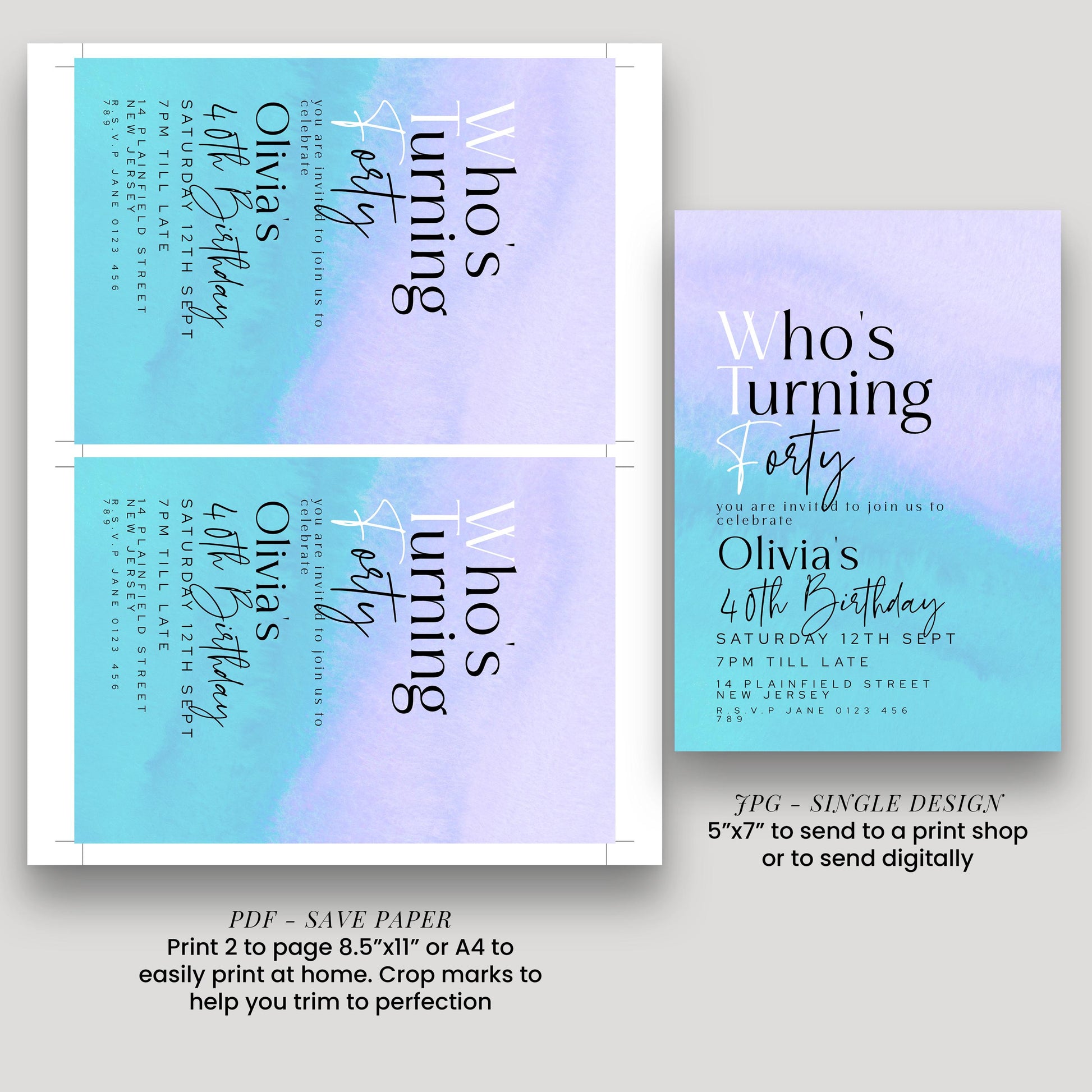 WTF 40th Birthday Invitation Template, “Who’s Turning Forty” Funny Printable Template Purple Blue Editable Digital Download