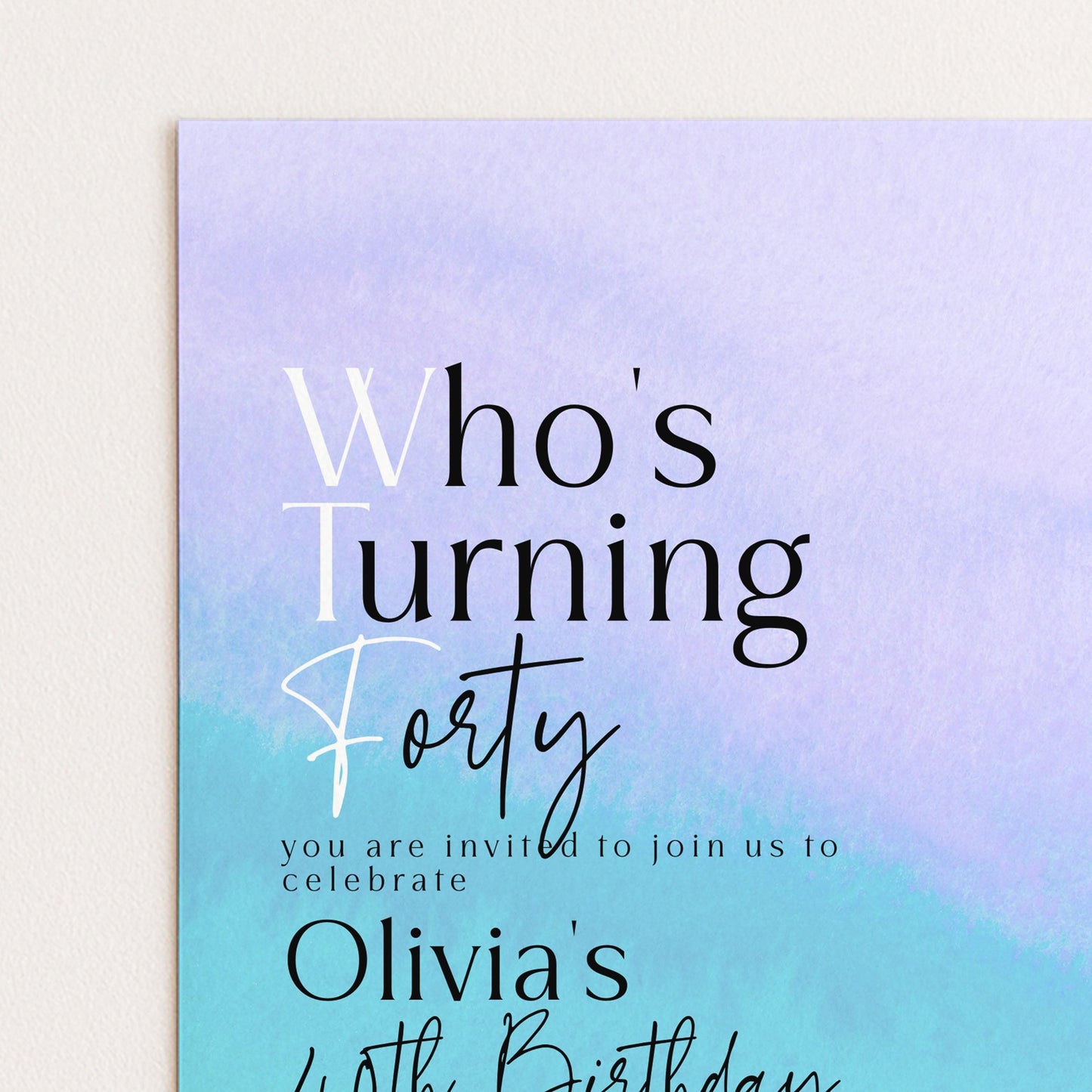 WTF 40th Birthday Invitation Template, “Who’s Turning Forty” Funny Printable Template Purple Blue Editable Digital Download