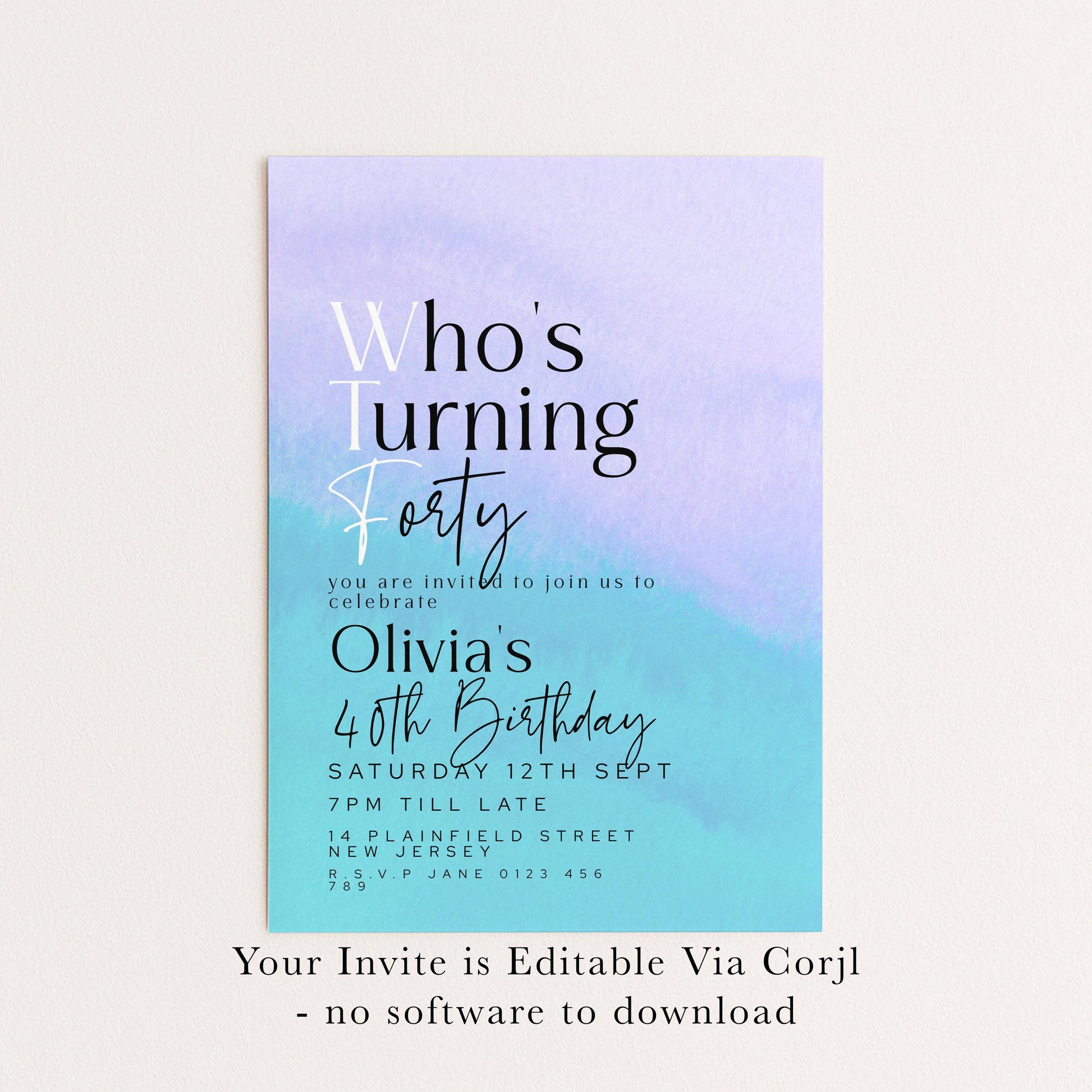 WTF 40th Birthday Invitation Template, “Who’s Turning Forty” Funny Printable Template Purple Blue Editable Digital Download