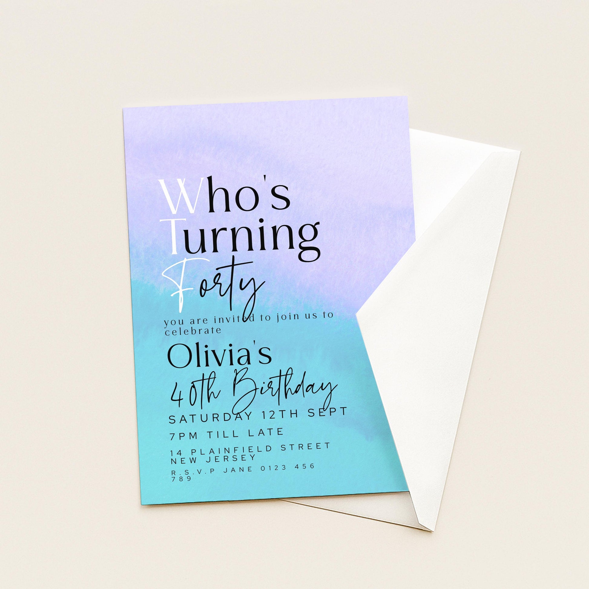 WTF 40th Birthday Invitation Template, “Who’s Turning Forty” Funny Printable Template Purple Blue Editable Digital Download