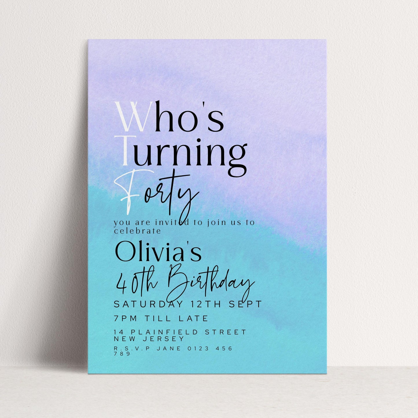 WTF 40th Birthday Invitation Template, “Who’s Turning Forty” Funny Printable Template Purple Blue Editable Digital Download