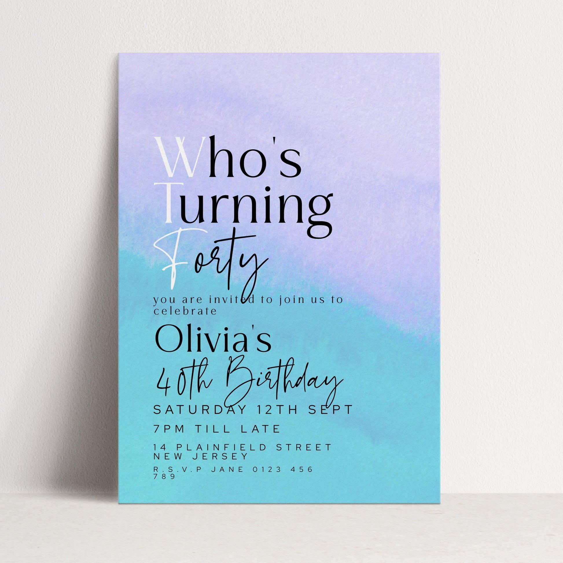 WTF 40th Birthday Invitation Template, “Who’s Turning Forty” Funny Printable Template Purple Blue Editable Digital Download