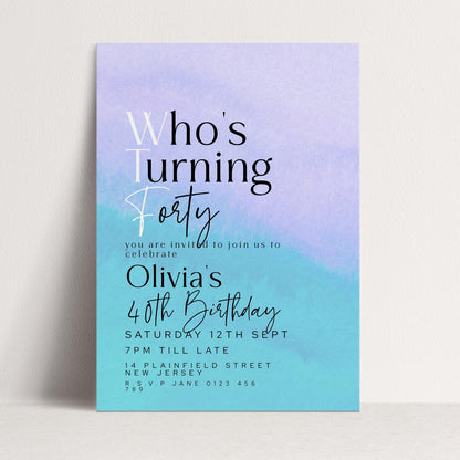WTF 40th Birthday Invitation Template, “Who’s Turning Forty” Funny Printable Template Purple Blue Editable Digital Download