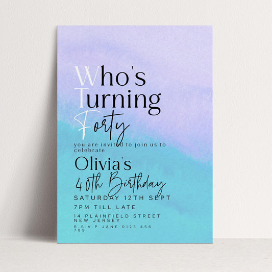 WTF 40th Birthday Invitation Template, “Who’s Turning Forty” Funny Printable Template Purple Blue Editable Digital Download