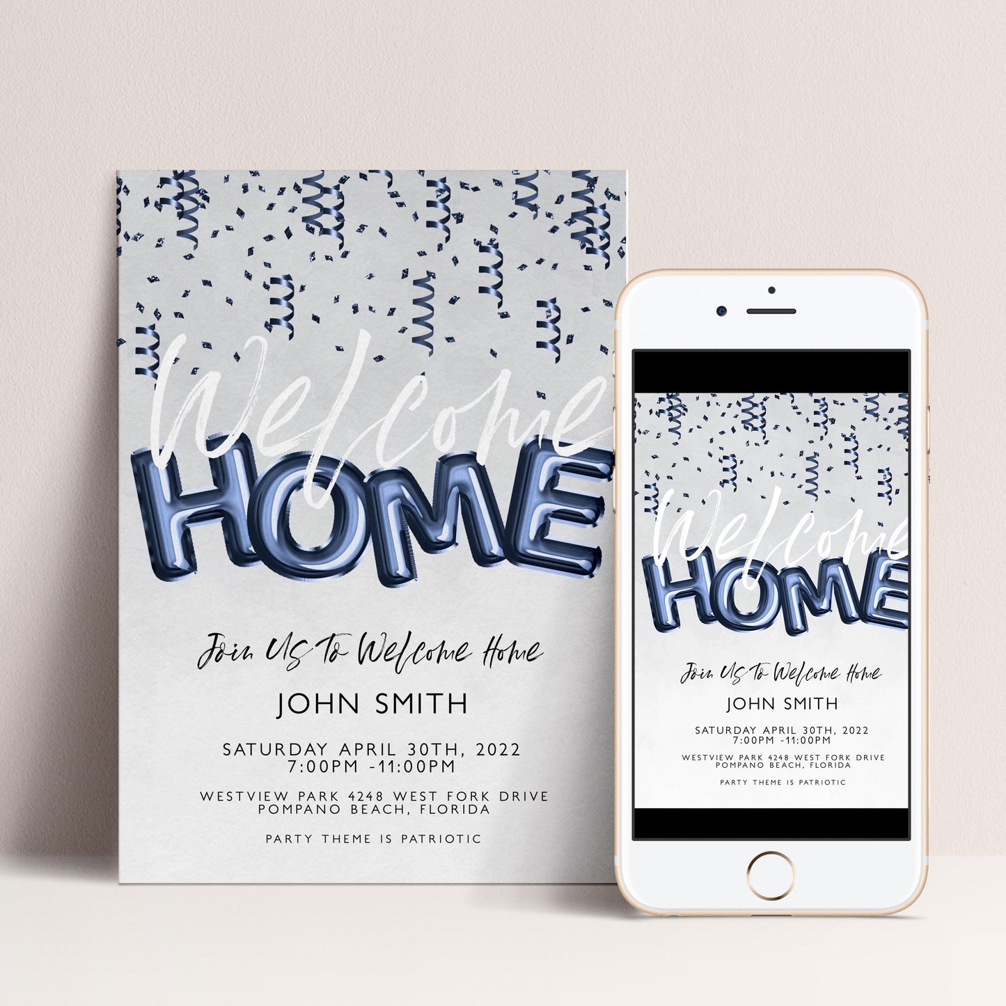 The image is a welcome home invitation featuring a blue and white color scheme with confetti-like patterns. The invitation is designed to be displayed on a poster and a smartphone screen, both of which are white.