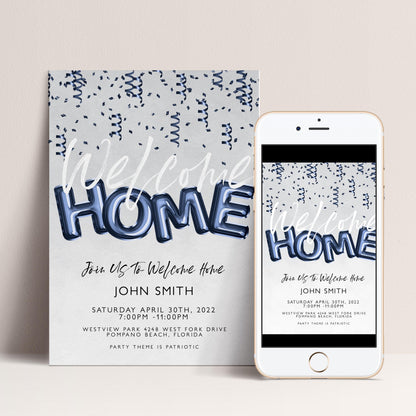 The image is a welcome home invitation featuring a blue and white color scheme with confetti-like patterns. The invitation is designed to be displayed on a poster and a smartphone screen, both of which are white.
