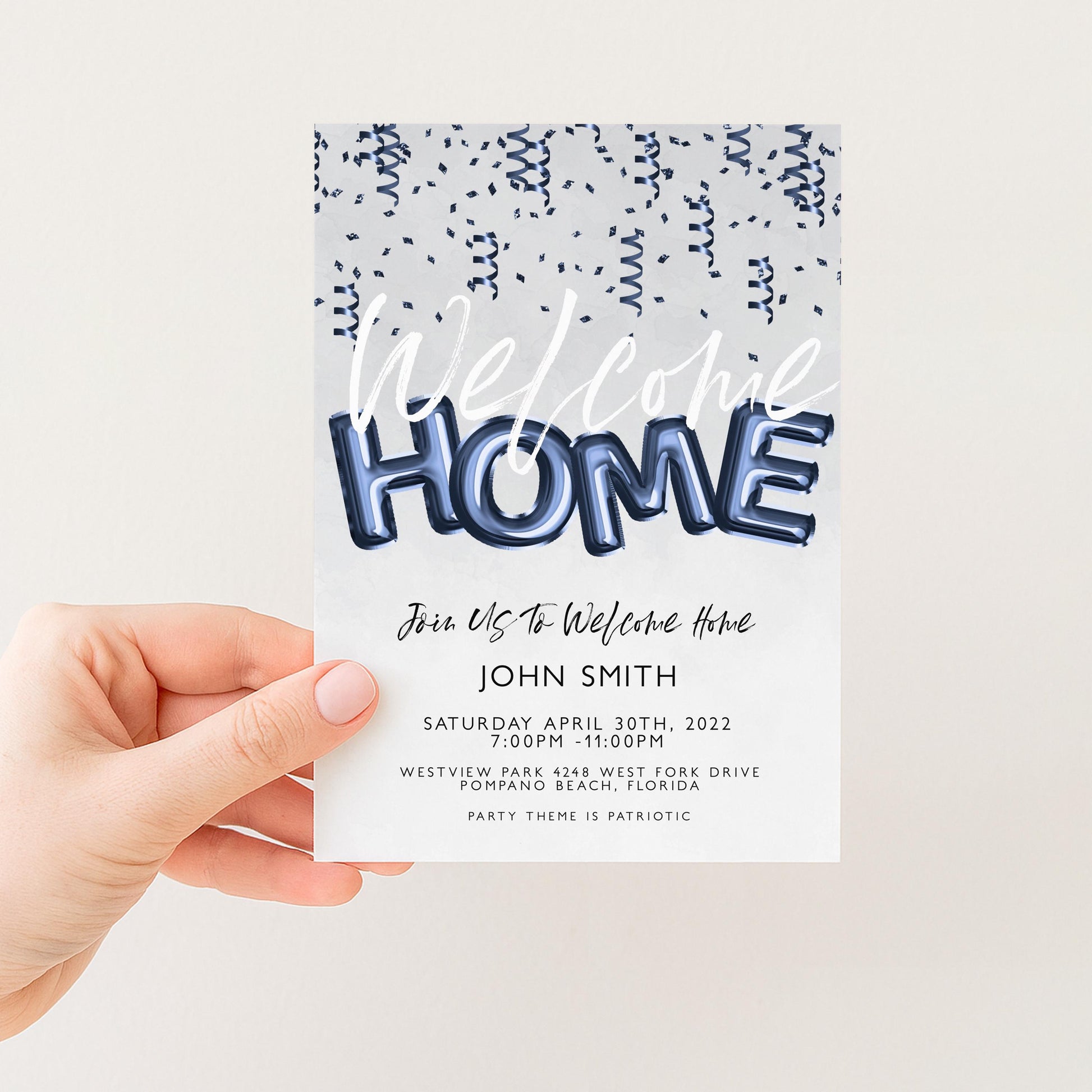 The image is a welcome home invitation card with a blue and white color scheme, featuring the text "Welcome Home" in large letters.