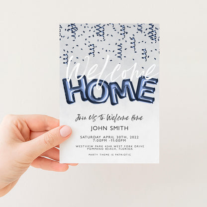The image is a welcome home invitation card with a blue and white color scheme, featuring the text "Welcome Home" in large letters.