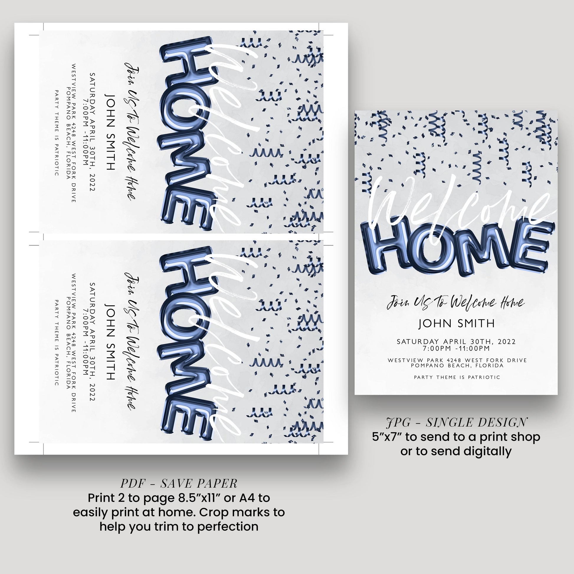 The image is a collage of two pages from a wedding invitation, featuring the text "Welcome Home" in a stylized font.