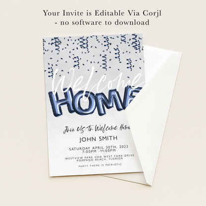 The image is a welcome home invitation card with a blue and white color scheme. The text invites guests to join the homecoming party on Saturday, April 10th, 2012, at 7:30 PM at Westview Park, West Fork Drive, Palm Beach, Florida. The theme is patriotic, and the invitation does not contain any text that is too vague or repetitive.
