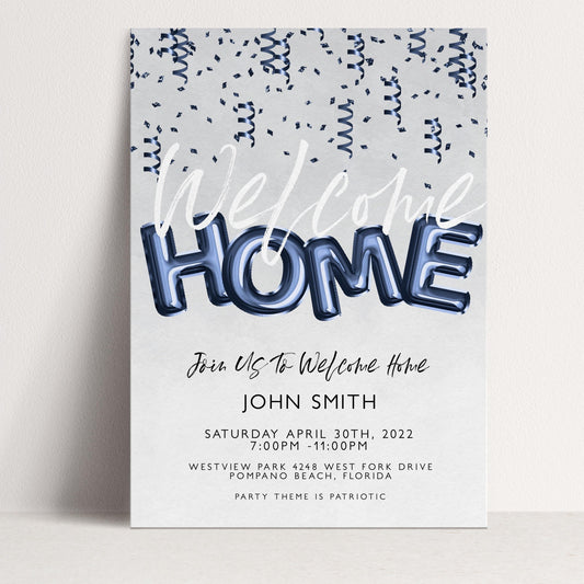 The image is a welcome home invitation card for John Smith, inviting him to welcome home on Saturday, April 30th, 2022 at 7:00 PM at 11:00 PM at Westview Park, West Fork Drive, Palmando Beach, Florida. The theme is patriotic.
