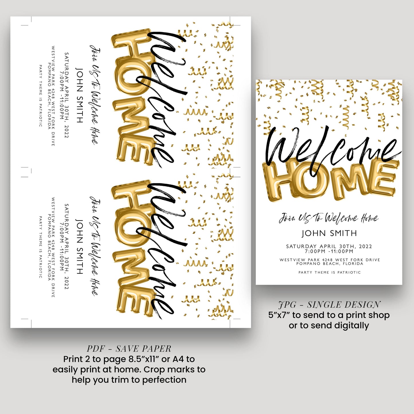 Welcome Home Gold Welcome Invite Homecoming Party Invite Hero's Welcome Instant Download Printable