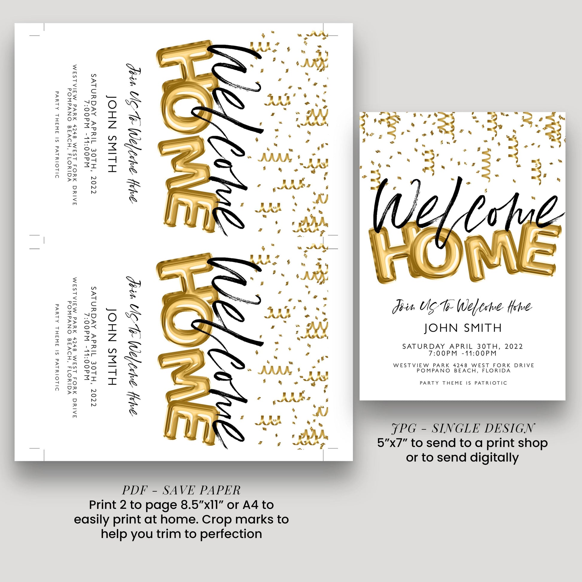 Welcome Home Gold Welcome Invite Homecoming Party Invite Hero's Welcome Instant Download Printable