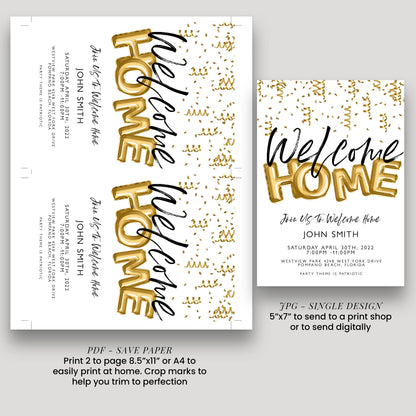 Welcome Home Gold Welcome Invite Homecoming Party Invite Hero's Welcome Instant Download Printable