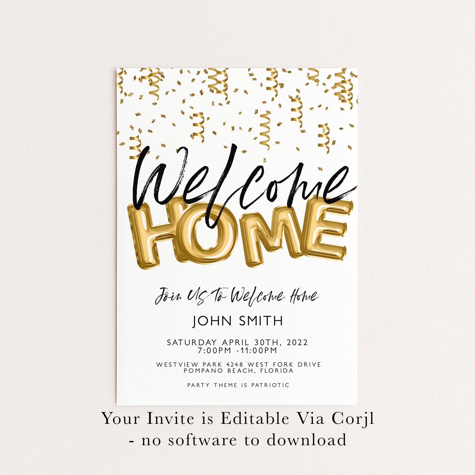Welcome Home Gold Welcome Invite Homecoming Party Invite Hero's Welcome Instant Download Printable