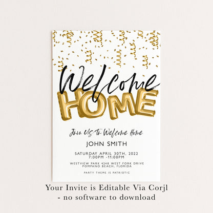 Welcome Home Gold Welcome Invite Homecoming Party Invite Hero's Welcome Instant Download Printable