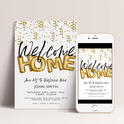 Welcome Home Gold Welcome Invite Homecoming Party Invite Hero's Welcome Instant Download Printable
