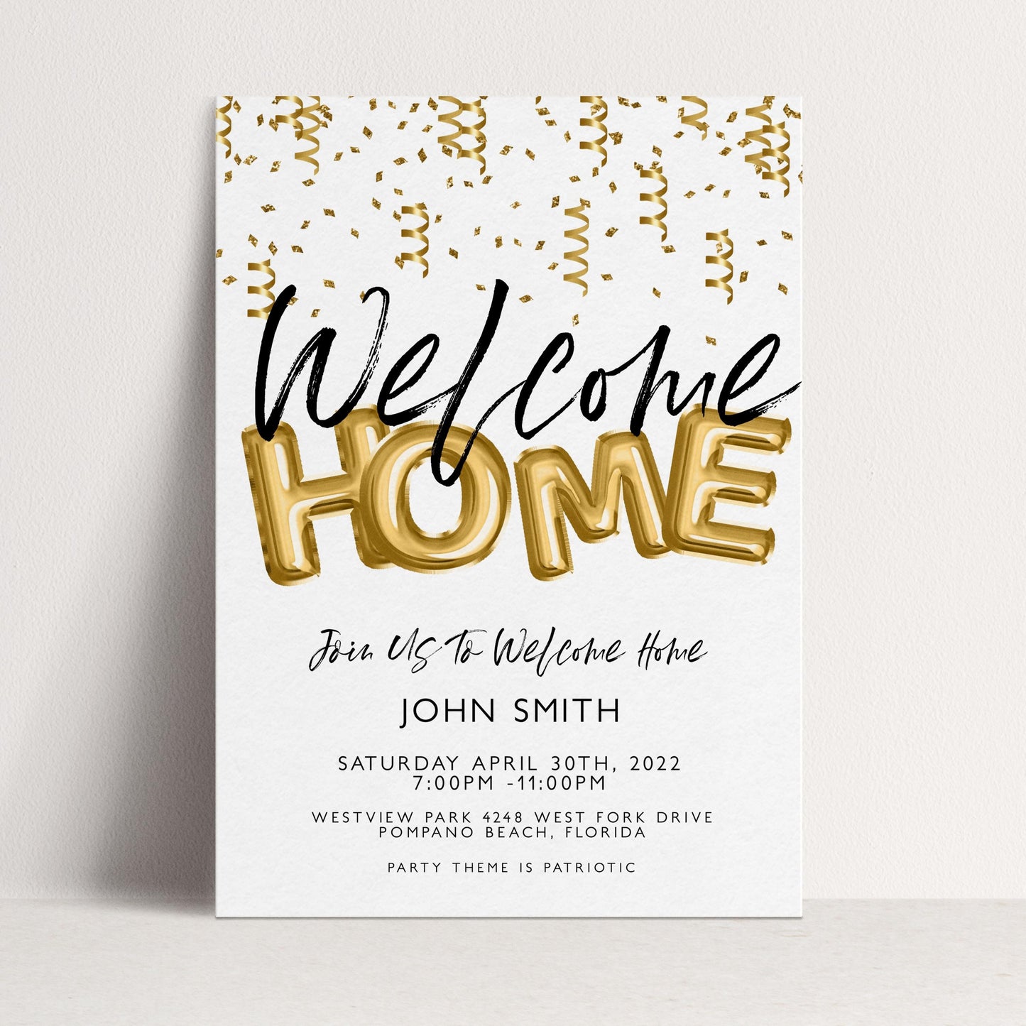 Welcome Home Gold Welcome Invite Homecoming Party Invite Hero's Welcome Instant Download Printable