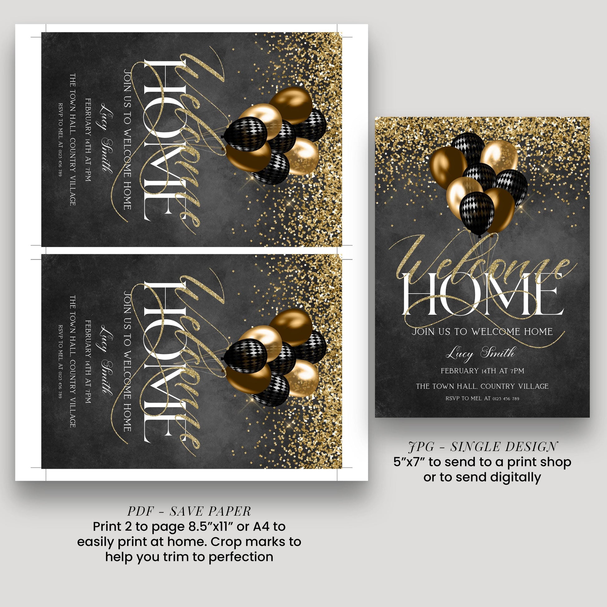 Welcome Home Gold Welcome Invite Homecoming Party Chalkboard Invite Hero's Welcome Instant Download Printable