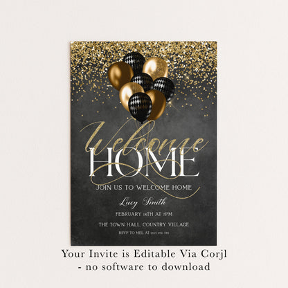 Welcome Home Gold Welcome Invite Homecoming Party Chalkboard Invite Hero's Welcome Instant Download Printable