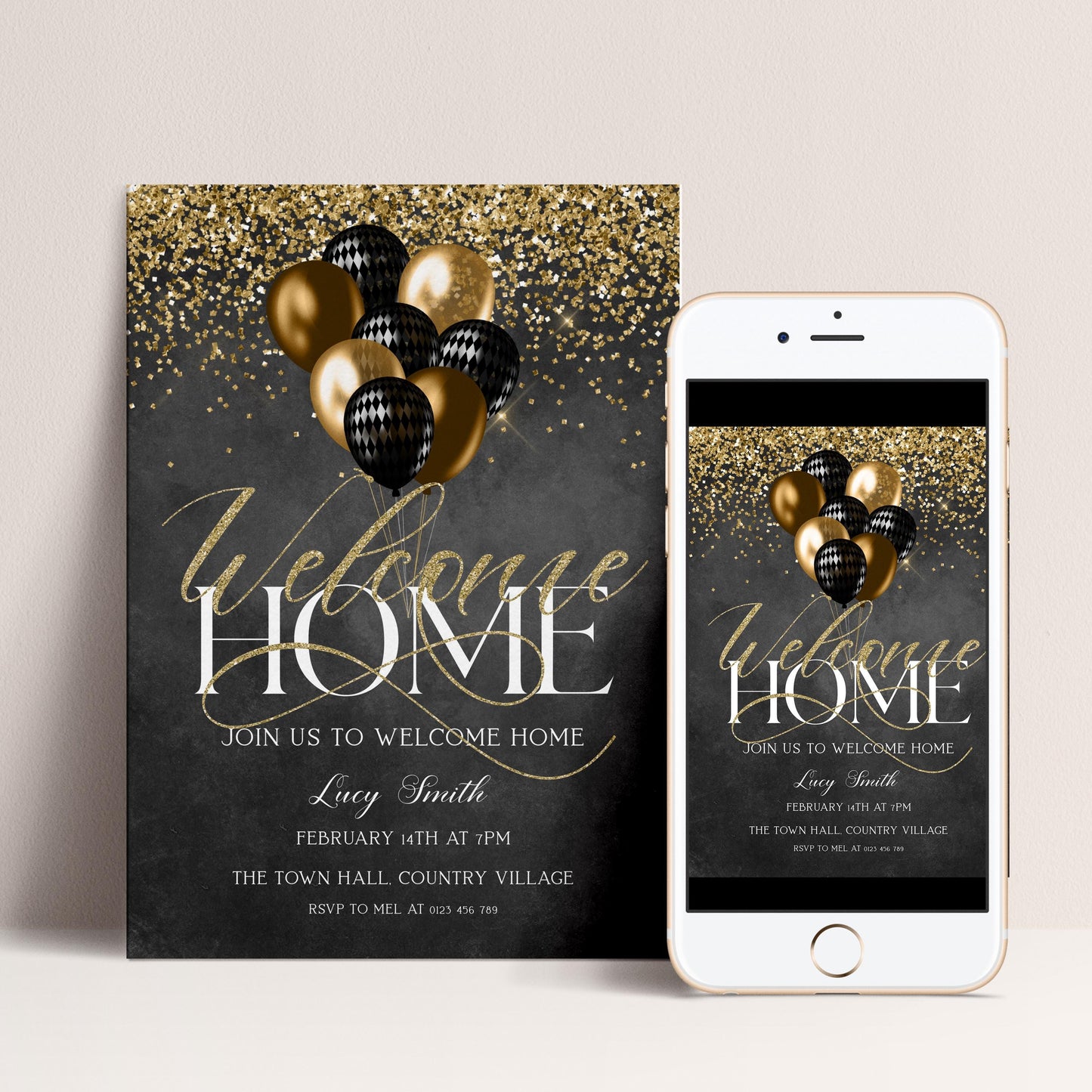 Welcome Home Gold Welcome Invite Homecoming Party Chalkboard Invite Hero's Welcome Instant Download Printable