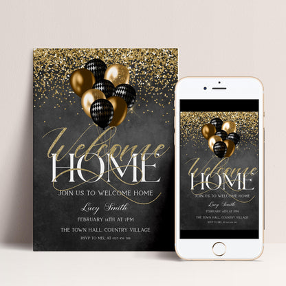 Welcome Home Gold Welcome Invite Homecoming Party Chalkboard Invite Hero's Welcome Instant Download Printable
