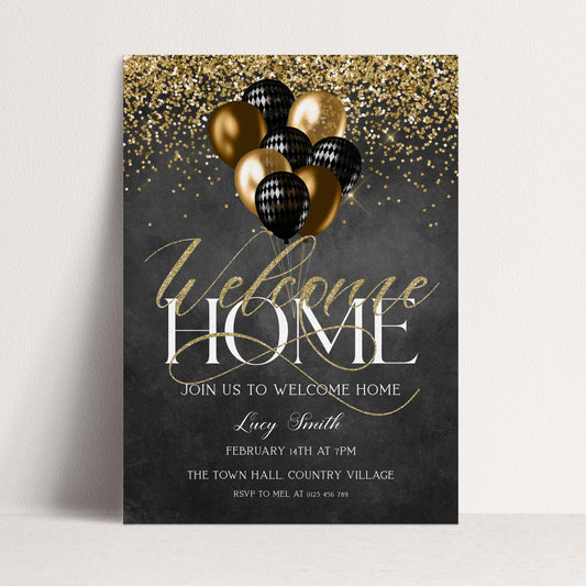 Welcome Home Gold Welcome Invite Homecoming Party Chalkboard Invite Hero's Welcome Instant Download Printable