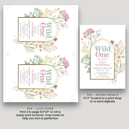 three different designs for a wild one birthday invitation. The designs include a printed page, a printed poster, and a digital print. The designs feature a floral theme and are intended to be used for sending out invitations for a birthday party.
