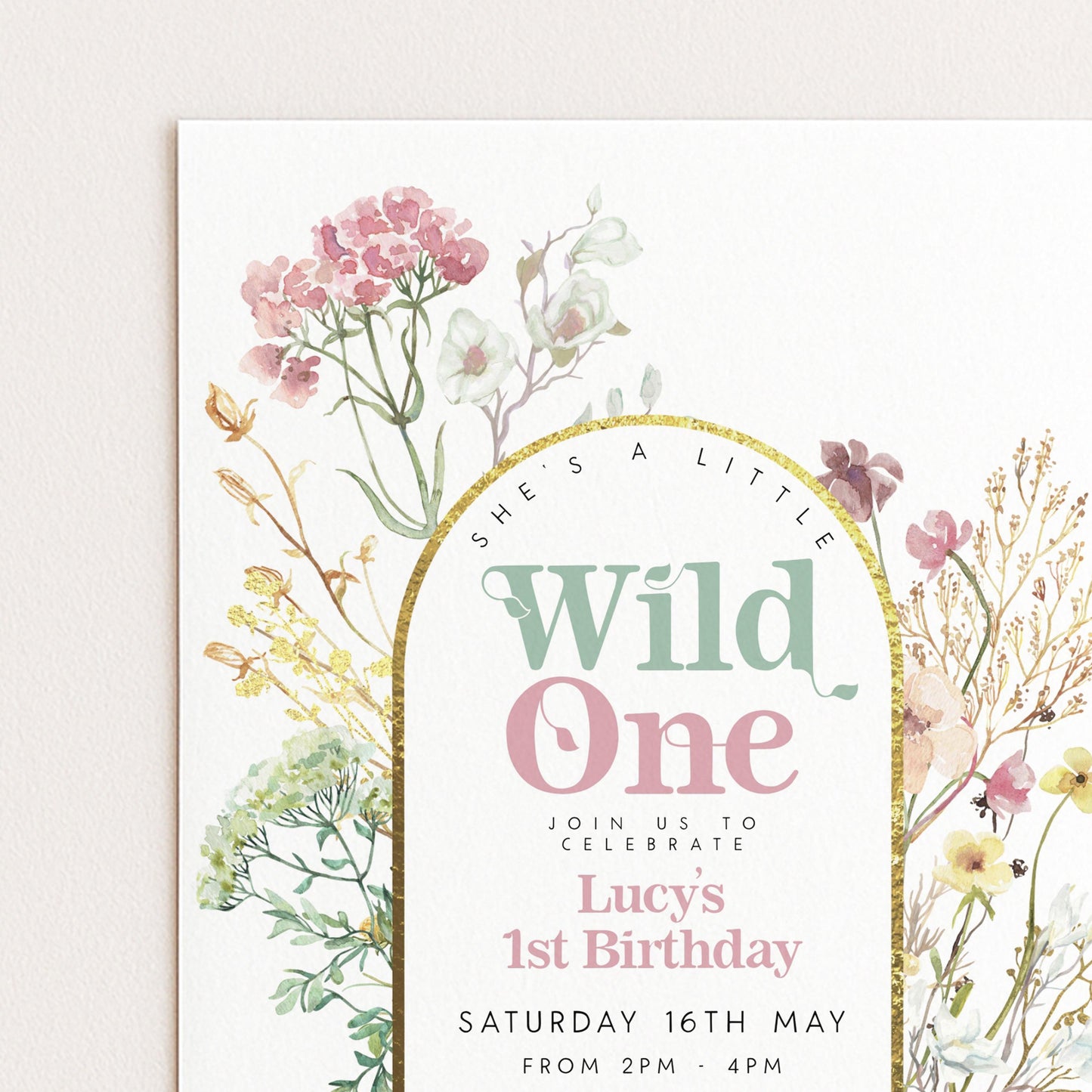 The image is a birthday invitation for a baby girl named Lucy, celebrating her first birthday.
