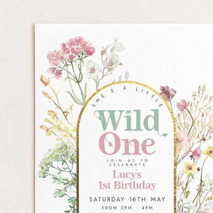 The image is a birthday invitation for a baby girl named Lucy, celebrating her first birthday.